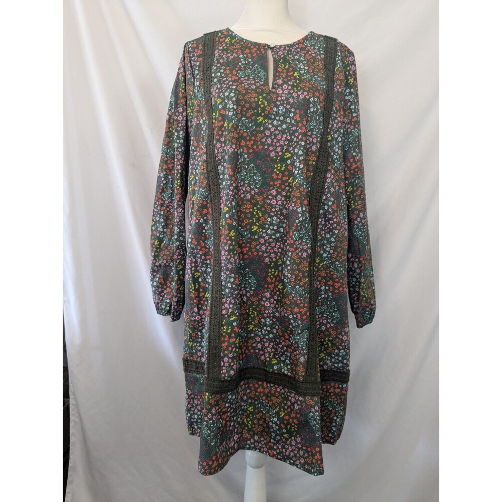 Lands‎ End Womens Medium Forest Moss Floral Cotton Poplin Split Neck Dress
